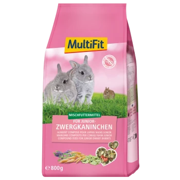 Sac rose MultiFit 800 g d'alimentation pour jeunes lapins nains avec deux lapins gris et l'étiquette « Zwergkaninchen ».