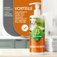 Pumpflasche Baviette Hundeshampoo mit Hundefoto auf orangefarbener Etikette; Panel mit der Überschrift 'VORTEILE' und dem Hinweis 'Enthält aggressive Chemikalien'.