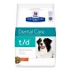 Hill's Prescription Diet t/d Dental Care Hundefutterbeutel mit einem schwarz-weißen Hund, mit Text, der klinische Ernährung und die Reduzierung von Zahnstein hervorhebt.