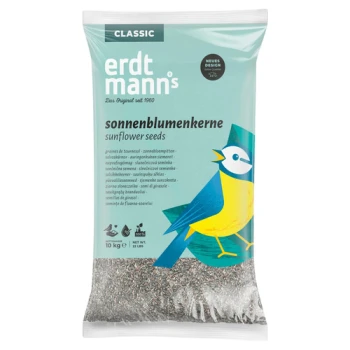 Erdtmanns Classic Sonnenblumenkerne für Vögel, 10-kg-Sack mit blau-gelber Vogelillustration und mehrsprachigem Text.