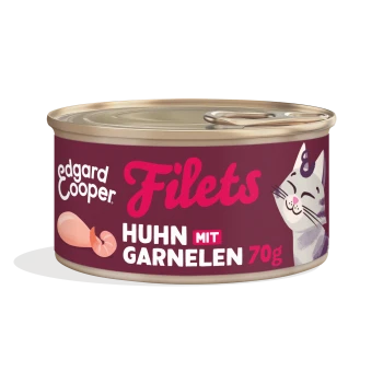 Dose Edgard Cooper Filets Katzenfutter, Aufschrift 'Huhn mit Garnelen 70 g', Garnelen-Illustration und lächelnde Katze.