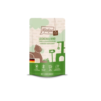 Mjamjam Pur Katzenfutterbeutel mit "Leckeres Rind" und einer Grafik einer Katze sowie Symbolen für reines Fleisch, getreidefrei und hohen Proteingehalt.