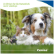 Katze und Hund liegen im Gras mit Blüten; deutscher Text ‚So fördert ihr die Gesundheit eurer Lieblinge‘ und Marke ‚Canina‘.