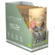 Cat's Love 100% Bio Katzenfutter-Ausstellungsbox mit Beuteln, die das Gesicht einer grauen Katze zeigen, und dem Hinweis auf den Gehalt an Bio-Rindfleisch und Taurin.