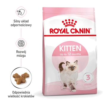 Różowo-biały worek karmy Royal Canin dla kociąt ze zdjęciem kociaka, ilustracją krokietów i widocznym tekstem „ROYAL CANIN”, „KITTEN Up to 12 months”, „3 STAGE”.