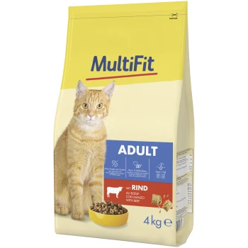 Gele 4 kg zak MultiFit kattenvoer gelabeld "ADULT," met rundvlees als hoofdingrediënt en voordelen voor hart- en huidgezondheid.