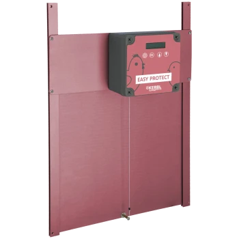 Elektrischer Geflügelzaun-Energizer mit "Easy Protect" Aufkleber und Hühnerillustrationen, montiert auf einem pinken Panel.