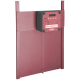 Elektrischer Geflügelzaun-Energizer mit "Easy Protect" Aufkleber und Hühnerillustrationen, montiert auf einem pinken Panel.
