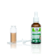 Flasche mit Zahnpflege-Lösung für Hunde und Katzen, beschriftet mit "Zahnpflege", mit einer Pipette und einem kleinen Fläschchen Flüssigkeit daneben.
