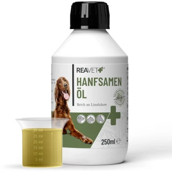 Flasche REAVET Hanföl Naturrein (Hanföl) für Hunde, 250ml, mit einem Messbecher, der gelbes Öl enthält, beschriftet mit "Reich an Linolsäure."