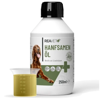 Flasche REAVET Hanföl Naturrein (Hanföl) für Hunde, 250ml, mit einem Messbecher, der gelbes Öl enthält, beschriftet mit "Reich an Linolsäure."