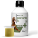 Flasche REAVET Hanföl Naturrein (Hanföl) für Hunde, 250ml, mit einem Messbecher, der gelbes Öl enthält, beschriftet mit "Reich an Linolsäure."