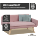 Ein pinkes Haustiersofa mit Holzbeinen, das drei weiche, türkisfarbene Kissen hat, mit den Abmessungen: 103 cm breit, 50 cm hoch, 20 cm Beinhöhe.