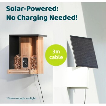 Solarbetriebener Vogelhäuschen mit einem Bambusdesign, ausgestattet mit einem 3m Kabel und einem Solarpanel, beschriftet mit "Keine Aufladung erforderlich!"