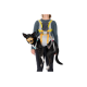 Eine Frau in einem grauen Langarmshirt hält einen schwarzen Hund in einem bunten Geschirr, das ein Haustierträgerdesign zeigt.