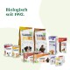 Yarrah Bio-Hundfutterprodukte, einschließlich getreidefreier Optionen, Dosen und Multipacks, mit dem Text "Biologisch seit 1992."