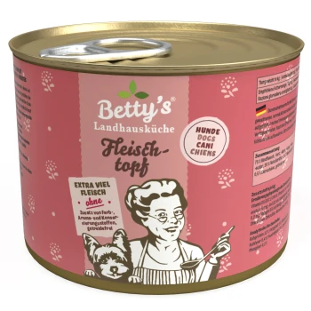Eine Dose Betty's Landhausküche Hundefutter, "Fleischtopf," mit einem pinken Design, das eine Frau, einen Hund und den Text "extra viel Fleisch" zeigt.