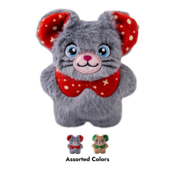 Gray plush mouse pet toy with red polka dot ears and collar, labeled "Assorted Colors" with two color options shown.