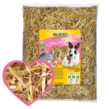 Eine Tüte MultiFit-Stroh-Bettung für kleine Haustiere, mit einem bunten Etikett mit Bildern eines Kaninchens, Meerschweinchens und Hamsters.