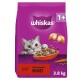 Violette Whiskas-Katzentrockenfutter-Tasche mit hervorlugtender Katze und Futternapf; sichtbare Aufschriften: 'whiskas', '1+', 'Mit leckerem RIND', '3,8 kg'.