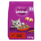 Violette Whiskas-Katzentrockenfutter-Tasche mit hervorlugtender Katze und Futternapf; sichtbare Aufschriften: 'whiskas', '1+', 'Mit leckerem RIND', '3,8 kg'.