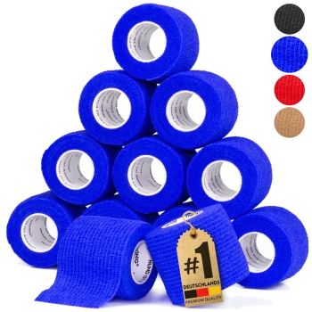 Ein Stapel blauer Tierbandagenrollen mit einem Etikett, das "#1 DEUTSCHLANDS PREMIUM QUALITY" liest. Weitere sichtbare Farben: schwarz, rot und braun.
