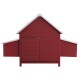 Rotes Holzhaustierhaus mit einem spitzen Dach und seitlichen Klappen, mit einer Vordertür und einem rustikalen Design.