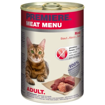 Een blik Premiere Meat Menu kattenvoer met een tabby kat label, gemarkeerd "ADULT," "Rind," graanvrij, en "100% Frischfleisch."