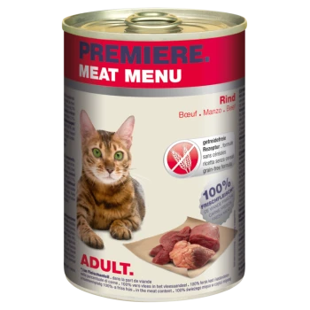 Een blik Premiere Meat Menu kattenvoer met een tabby kat label, gemarkeerd "ADULT," "Rind," graanvrij, en "100% Frischfleisch."