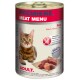 Een blik Premiere Meat Menu kattenvoer met een tabby kat label, gemarkeerd "ADULT," "Rind," graanvrij, en "100% Frischfleisch."
