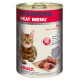 Eine Dose Premiere Meat Menu Katzenfutter mit einem Tabby-Katzenetikett, gekennzeichnet mit "ADULT," "Rind," getreidefrei und "100% Frischfleisch."