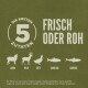 Bild, das Hundefutter bewirbt mit dem Text 'Die ersten 5 Zutaten: Frisch oder roh' und Illustrationen von Lamm, Reh, Ente, Forelle und Sardine.