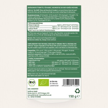 Bio-Gemüse- und Obstmix für Hunde, mit Karotte und Cranberry. Nährwertinformationen und Fütterungsempfehlungen sind enthalten. 150g.