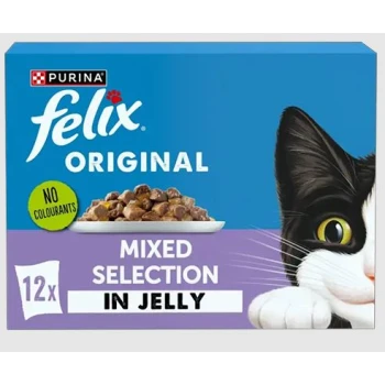 Felix Original Mixed Selection in Jelly cat food, featuring a black and white cat on the right, with a bowl of food on the left.