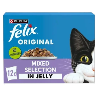 Felix Original Mixed Selection in Jelly cat food, featuring a black and white cat on the right, with a bowl of food on the left.