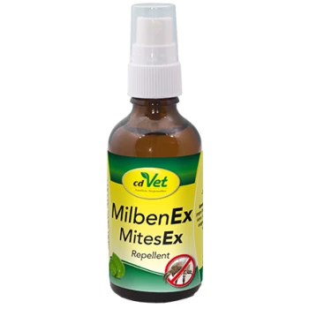 Braune Sprühflasche mit der Aufschrift "MilbenEx MitesEx Repellent" von cdVet, mit einem grünen und gelben Design und einem Symbol für keine Schädlinge.