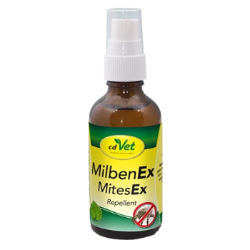 Braune Sprühflasche mit der Aufschrift "MilbenEx MitesEx Repellent" von cdVet, mit einem grünen und gelben Design und einem Symbol für keine Schädlinge.