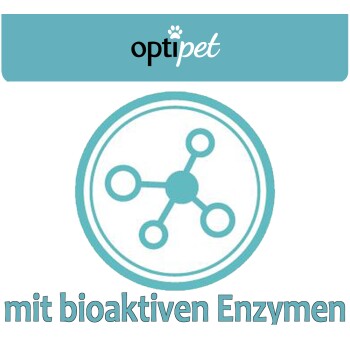 Logo von "opti pet" mit einem kreisförmigen Symbol, das eine molekulare Struktur darstellt, und dem Text "mit bioaktiven Enzymen" darunter.
