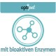 Logo von "opti pet" mit einem kreisförmigen Symbol, das eine molekulare Struktur darstellt, und dem Text "mit bioaktiven Enzymen" darunter.
