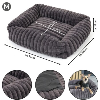 Graues, rechteckiges Plüsch-Haustierbett mit gerippter Textur, Maße ca. 71x58x18 cm, mit rutschfestem Boden und einem darin liegenden Hund.