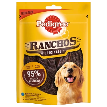 Verpakking van Pedigree Ranchos Originals hondensnacks met een glimlachende golden retriever en tekst die '95% Fleisch' en 'reich an Huhn' benadrukt.