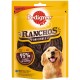 Verpackung von Pedigree Ranchos Originals Hundeleckerlis mit einem lächelnden Golden Retriever und Text, der "95% Fleisch" und "reich an Huhn" hervorhebt.