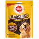 Verpackung von Pedigree Ranchos Originals Hundeleckerlis mit einem lächelnden Golden Retriever und Text, der "95% Fleisch" und "reich an Huhn" hervorhebt.