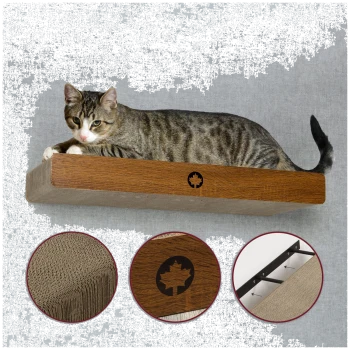 Eine getigerte Katze, die auf einem Holzregal mit einem Ahornblatt-Logo entspannt, umgeben von Bildern von strukturiertem Kratzmaterial und Regaldetails.
