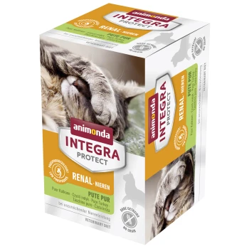 Integra Protect Niere 6x100g Pute pur Verpackung für Animonda Integra Protect Renal Katzenfutter, mit einer schlafenden Katze, mit Text, der "Niedriger Phosphor" und "Veterinärdiät" hervorhebt.