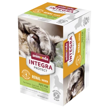 Verpackung für Animonda Integra Protect Renal Katzenfutter, mit einer schlafenden Katze, mit Text, der "Niedriger Phosphor" und "Veterinärdiät" hervorhebt.