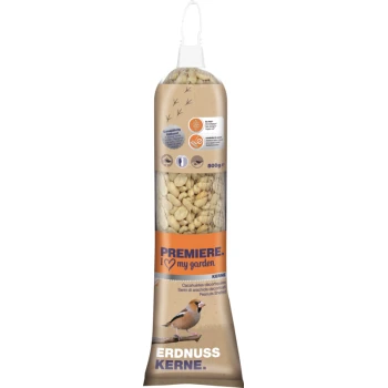 A 500g bag of shelled peanuts for birds, labeled "Premiere. I love my garden," featuring a bird illustration and feeding instructions.
