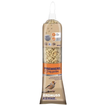 Eine 500g Tüte mit geschälten Erdnüssen für Vögel, beschriftet mit "Premiere. I love my garden," mit einer Vogelillustration und Fütterungshinweisen.