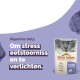 Almo Nature "Digestive Help" kattenvoer zakje met vis, met een kattengezicht en Nederlandse tekst over stressgerelateerde eetstoornissen.