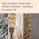 Haustierpflegegerät von Thomas gezeigt auf verschiedenen Felltypen mit deutschem Text "Für unterschiedliche Felltypen geeignet."